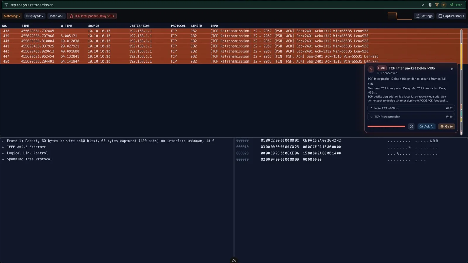 PacketSafari packet view with populated rows, decoded fields, and a localized troubleshooting hotspot overlay
