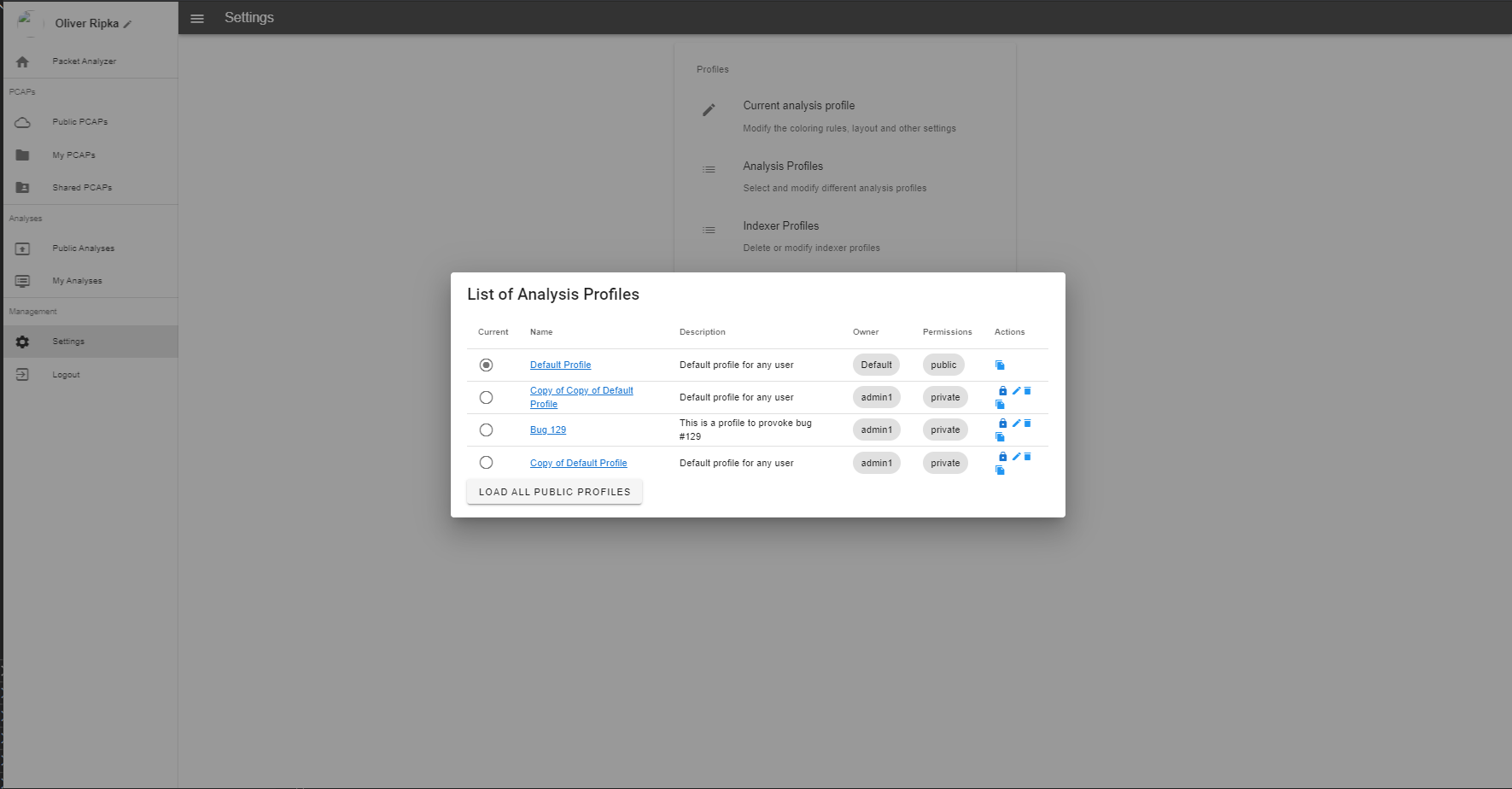 Profile Settings List