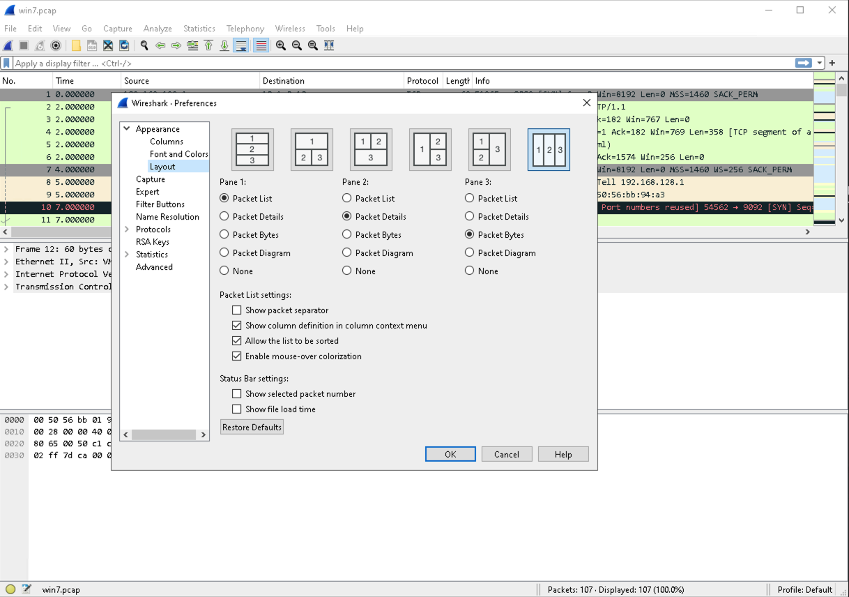 Layout column preferences