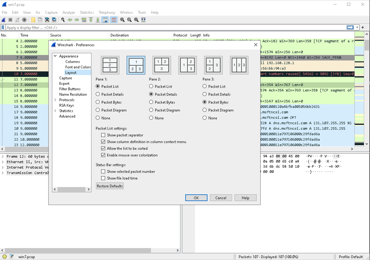 Wireshark layout dialog