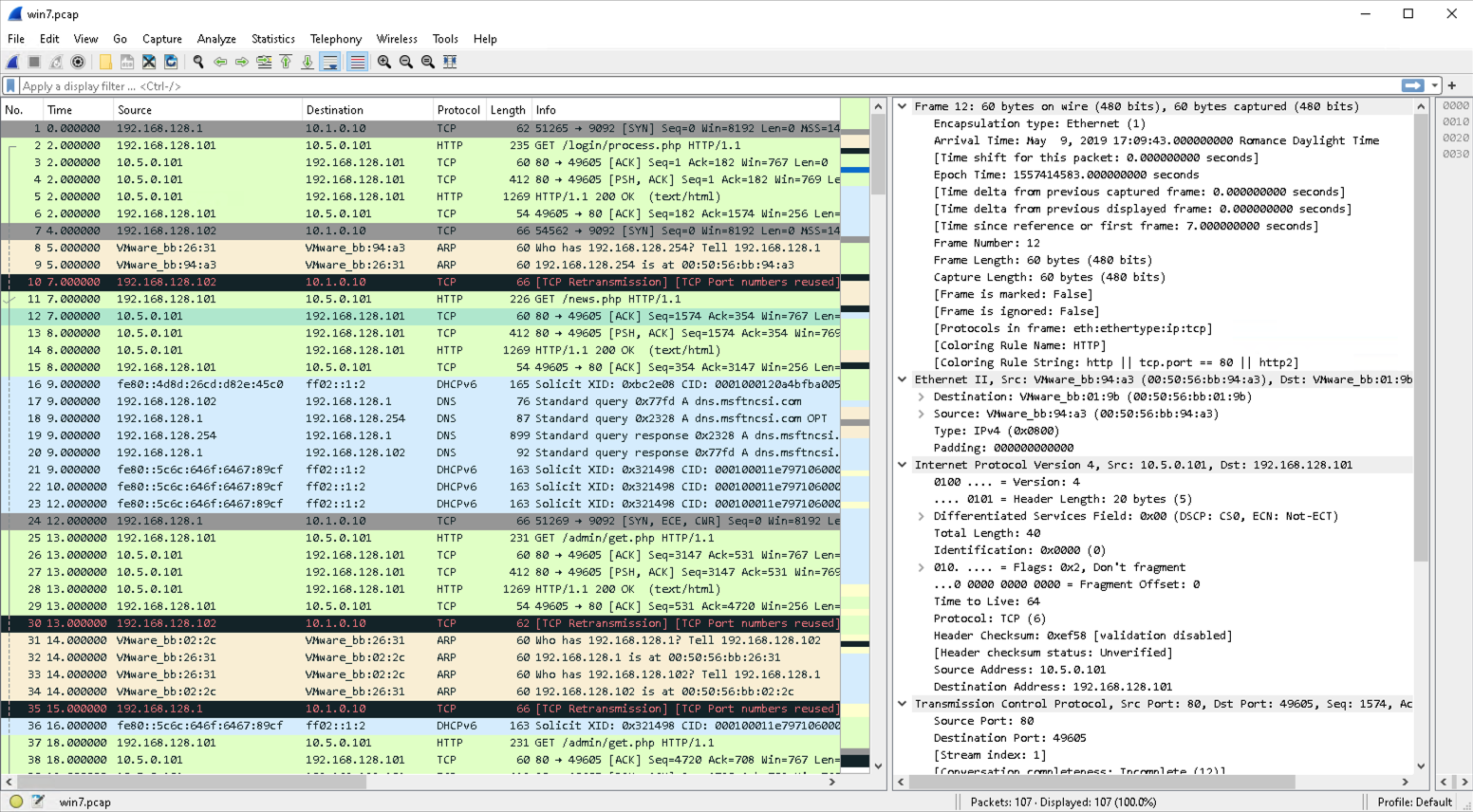 Wireshark column layout